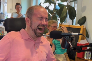 The emotional response from Casey Harrell when the brain computer interface developed by UC Davis Health gave him the ability to “speak” his thoughts again to his family. (Photo courtesy of UC Davis)