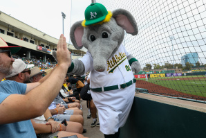A’s mascot Stomper greets fans during the final home game on Sept. 28. (Photos by Steve Martarano)