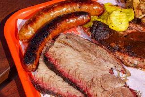 The menu at Slow & Low is dominated by smokehouse staples like (clockwise from top) hot links, ribs and brisket. (Photos courtesy of VHCLE Holdings)