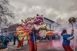 A 175-foot Golden Dragon, carried by members of nearby Beale Air Force Base, close the Bok Kai Festival parade at the intersection of 1st and D streets in Marysville, Feb. 25, 2023. (Photos by Steve Martarano)