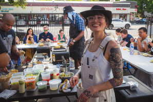 Chef Mandy Lee of Restaurant XO works the Live Fire pop-up at Demo Art and Books in Sacramento. (Photos courtesy of Andrew Calisterio)