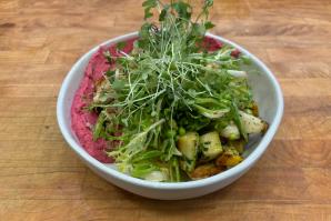 The Harvest Bowl comes with warm quinoa and farro, hummus and roasted vegetables, which you can accessorize with your choice of protein: chicken, tri-tip, tofu or ahi. (Photos courtesy of Flora & Fauna)