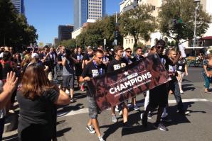 Fans and players rally in downtown Sacramento after the Sacramento Republic FC won its championship game against the Harrisburg City Islanders on Sept. 27