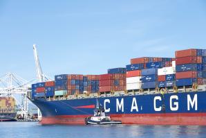 The CMA CGM cargo ship Swordfish enters the Port of Oakland, the fifth busiest port in the United States, Feb. 10, 2025. (Shutterstock photo)